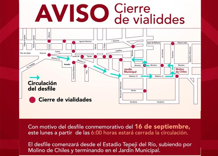 Cierre parcial de vialidades en Tepeji del Río por conmemoración del 16 de septiembre