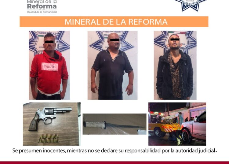 Detienen a tres hombres por robo con violencia en Pachuca; fueron capturados en Mineral de la Reforma
