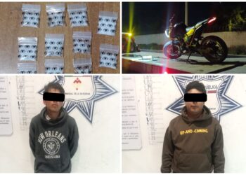 Detienen a dos hombres con presunta droga y motocicleta robada en Mineral de la Reforma